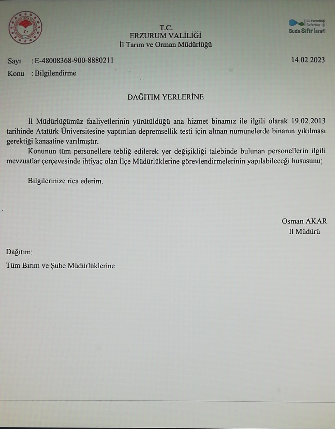 Erzurum’da Tarım İl Müdürlüğünde skandal bir olay yaşanıyor. 